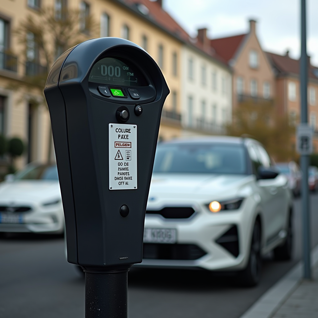 Horodateur moderne dans une zone urbaine française avec un avis de forfait post-stationnement visible sur le pare-brise d'un véhicule stationné, illustrant le système de contrôle du stationnement payant