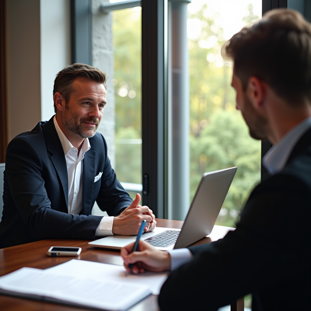 Bureau de consultation juridique moderne avec avocat consultant un client, documents légaux et ordinateur portable sur un bureau élégant, lumière naturelle, atmosphère professionnelle