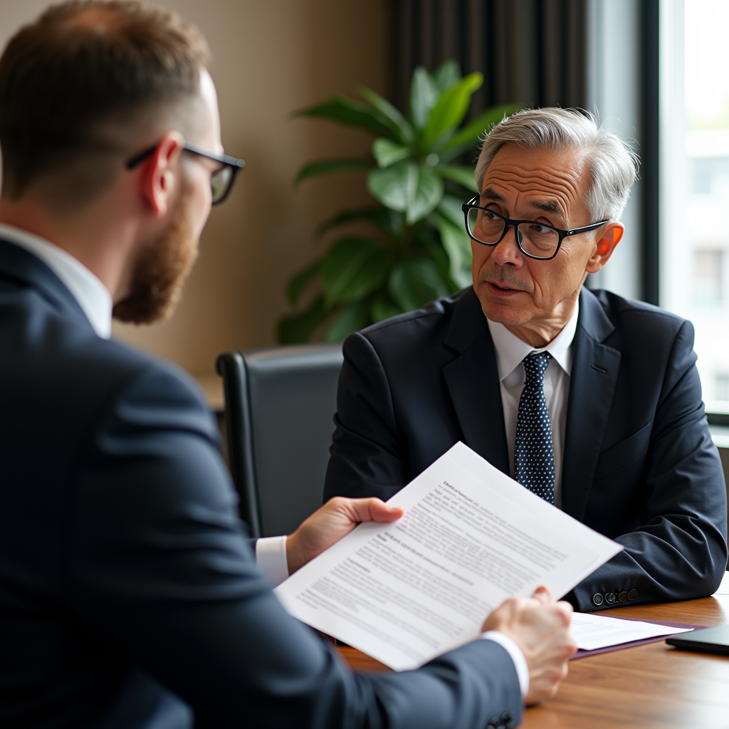 Consultation juridique professionnelle dans un cabinet d'avocats moderne avec expert examinant des documents de contestation d'infractions routières