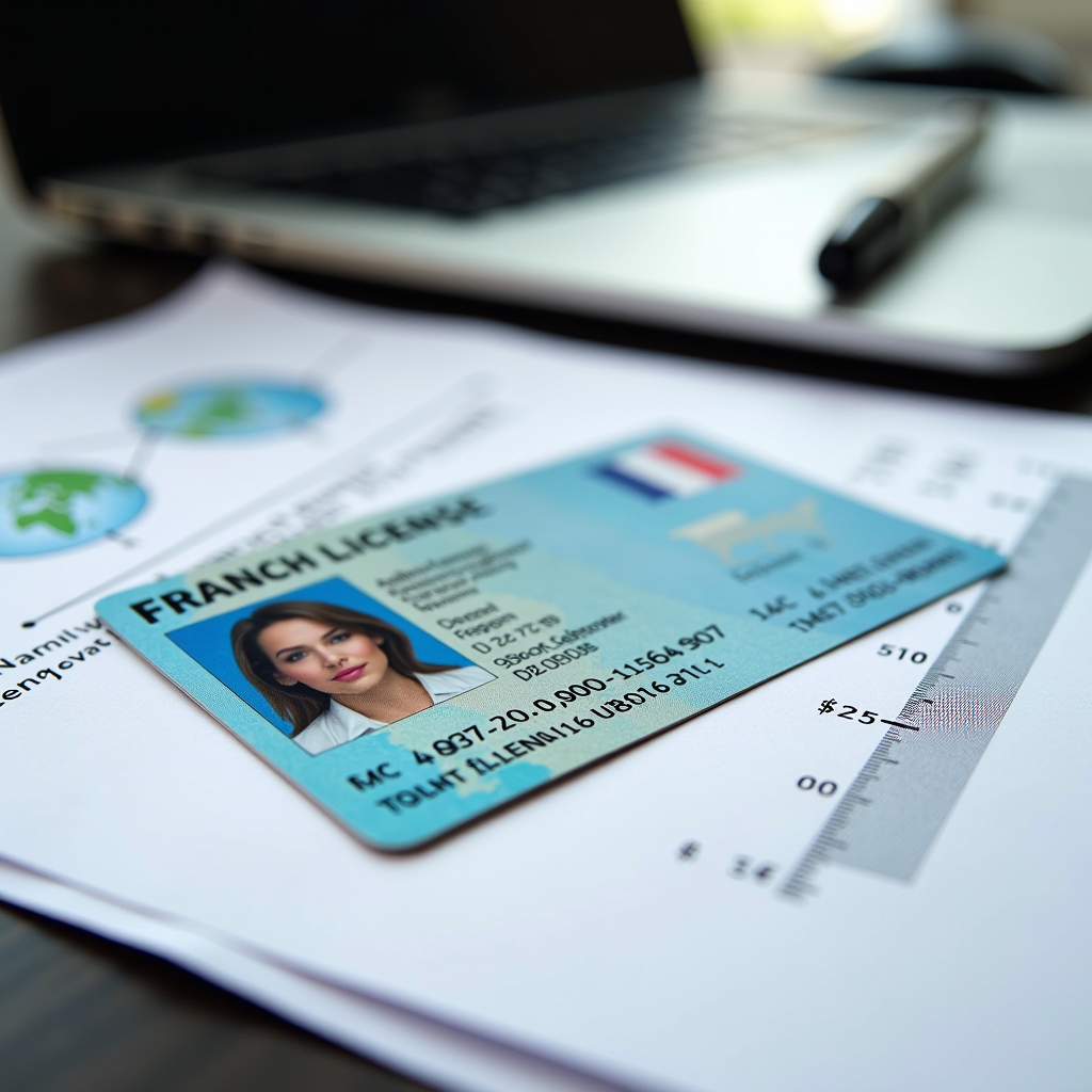 Permis de conduire français avec système de points visible, posé sur un bureau professionnel avec documents administratifs et stylo, éclairage naturel