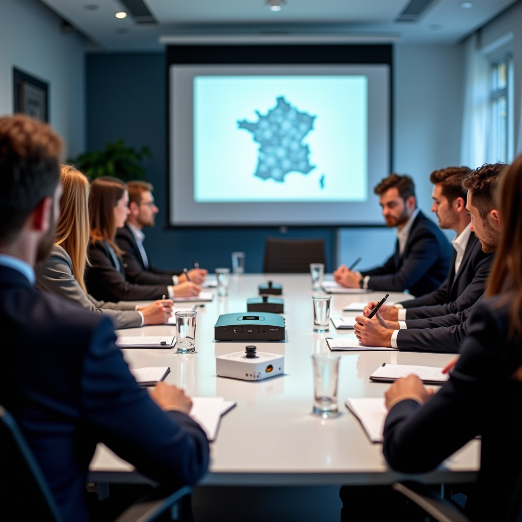 Session de formation professionnelle sur la réglementation routière française dans une salle de conférence moderne avec participants prenant des notes