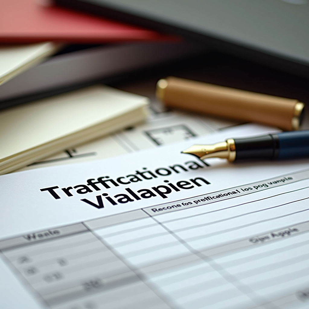 Documents juridiques et formulaires de contestation d'infractions routières sur un bureau avec un stylo plume, dossiers organisés et tampon légal