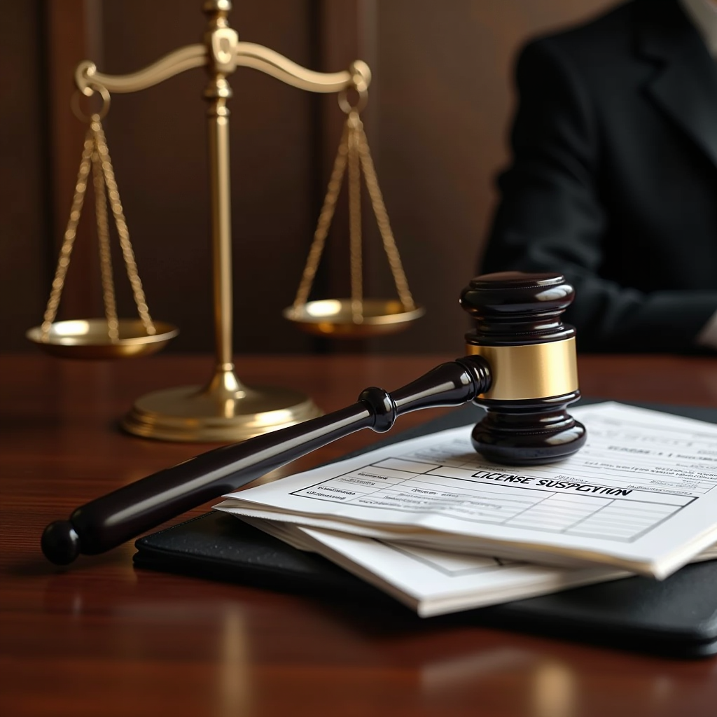 Salle d'audience juridique avec marteau de juge, dossiers de défense pour suspension de permis, et balance de la justice symbolisant la représentation légale